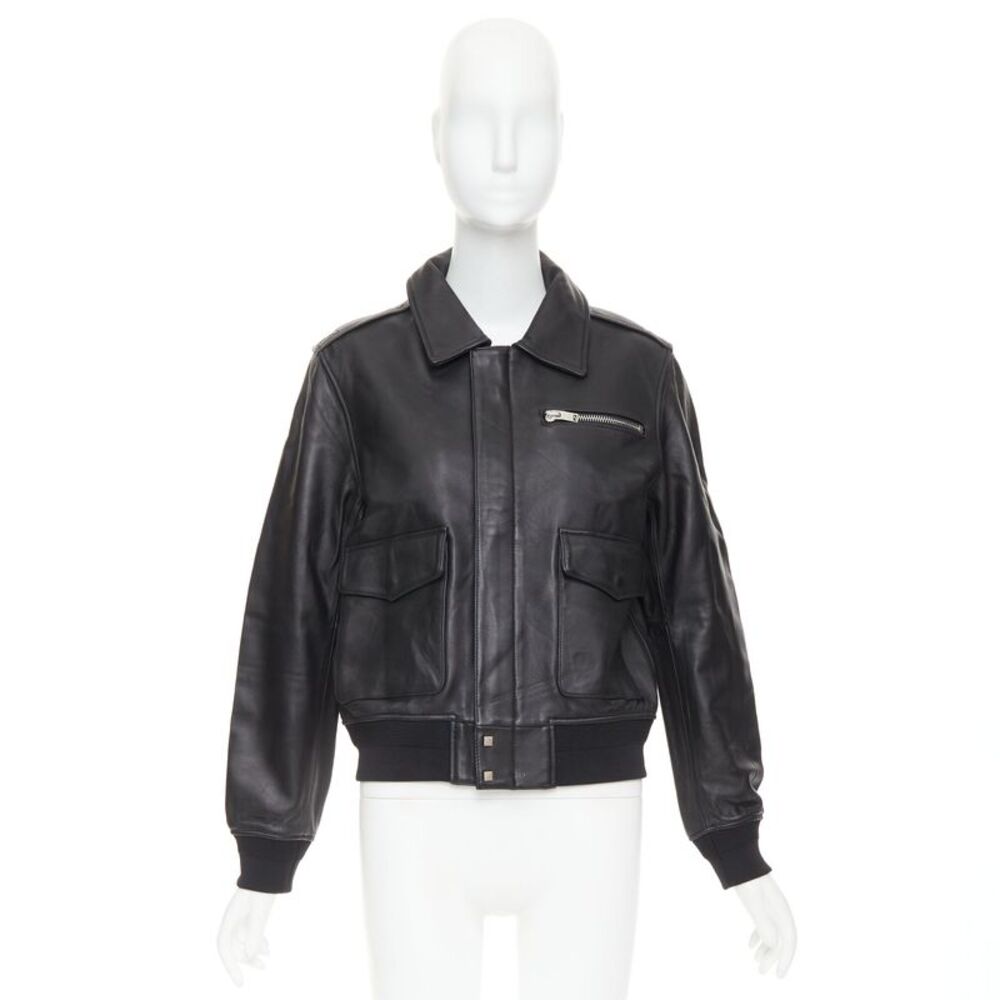 SAINT LAURENT 2020 black sheepskin leather pocketed flight jacket L - Picture 10 of 10